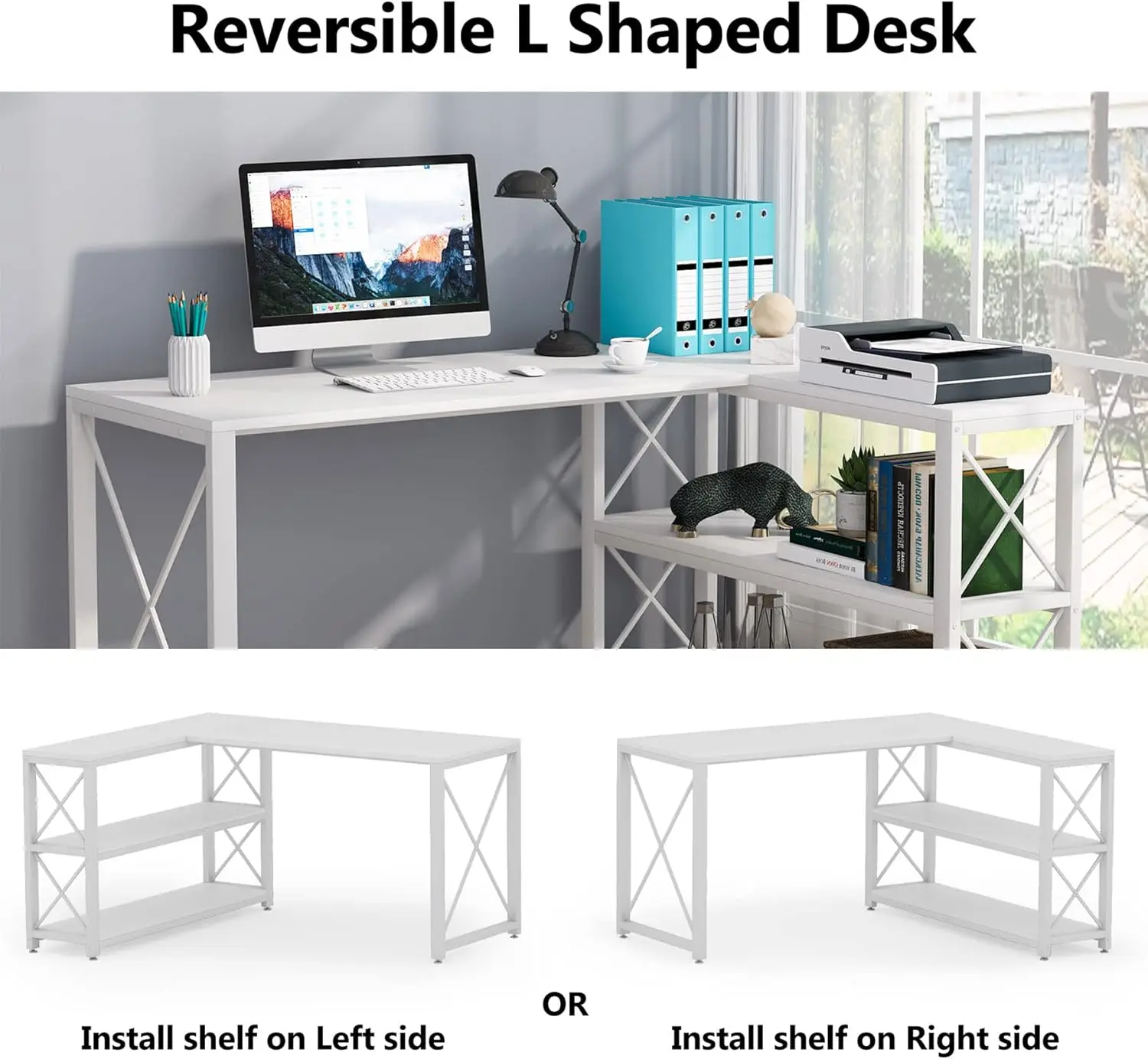 Reversible Industrial L-Shaped Desk with Storage Shelves, Corner Computer Desk PC Laptop Study Table Workstation