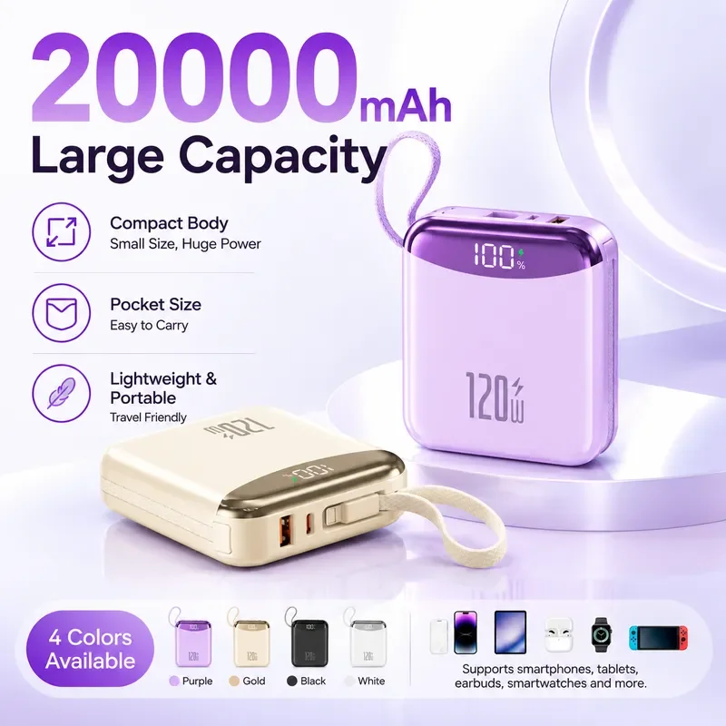 120W Super Fast Charging Power Bank 20000mAh Built-in Cables Compact Portable Universal for Phones