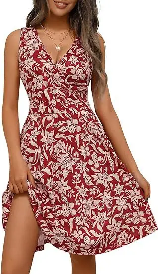 2025 Spring and Summer Dress Fashion V-neck Printed Pocket Sleeveless Casual Pullover High-waist Red Dress