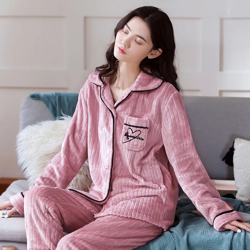 Fashionable Pajamas Set Turn-down Collar Home Clothing Women Ladies  Long Sleeves Pants Autumn Winter Kawaii Sleepwear Soft