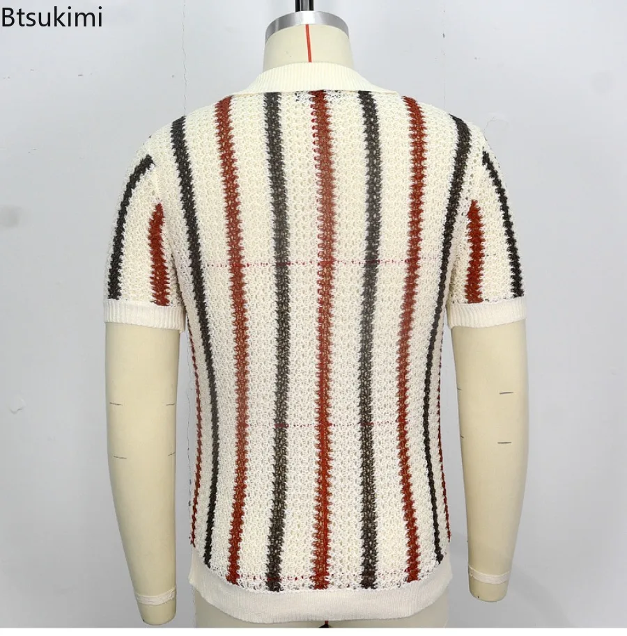 2024 Summer Men\'s Fashion Hollow Out Knitted Polo Shirts Striped Contrast Color Design Business Casual Knitwear Pullover for Men