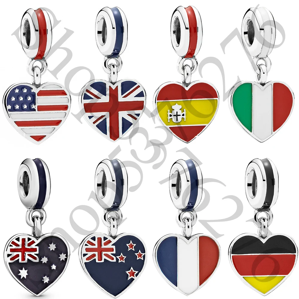 925 Sterling Silver Bead United Kingdom France Italy Spain Heart Flag Dangle Charm Fit Pandora Women Bracelet Gift DIY Jewelry