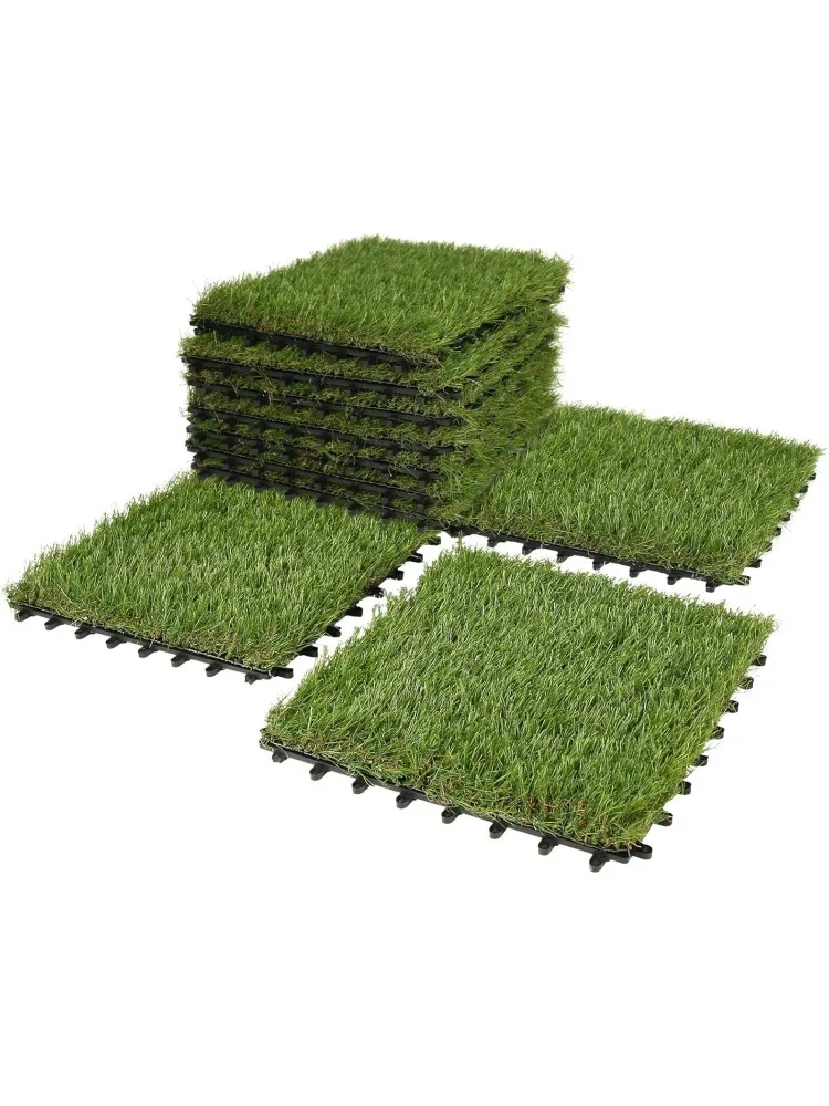 Artificial Grass Turf Tiles Interlocking Set 12 Pieces, Square Fake Grass Tiles Self-draining for Pet Indoor/Outdoor Flooring