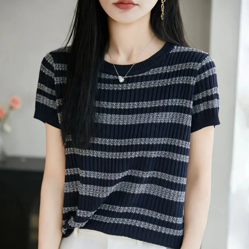 

Summer New Linen Women's T-shirt O-neck Knitted Short Sleeve Loose Fashion T-shirt Color blocked Pullover Versatile Women's Top