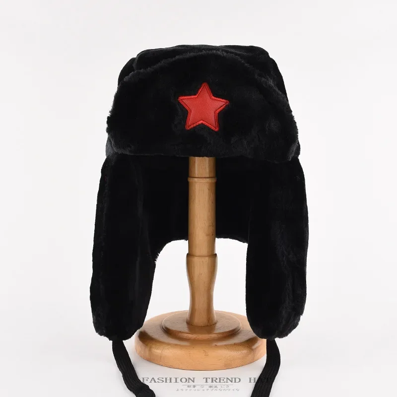 Thickened Plush Faux Fur Winter Hats with Earflaps Black Grey Russian Hat with Five-pointed Star Winter Skiing Cap for Men Male