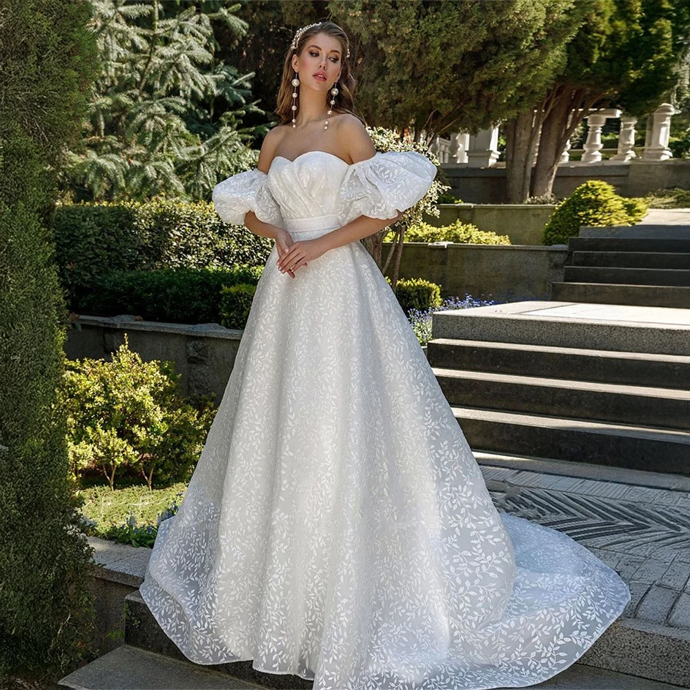 

Свадебное платье с открытыми плечами по индивидуальному заказу, кружевное бальное платье с пышными рукавами и цветочным принтом, свадебное платье с поясом для сказочного свадебного образца