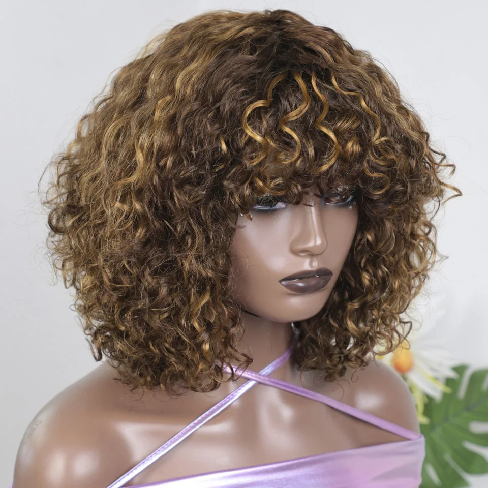 

100% Real Short Jerry Curl Pixie Cut Wigs With Bangs P4/30/27 Highlight Colored Curly Wigs Curly Human Hair Wigs For Women