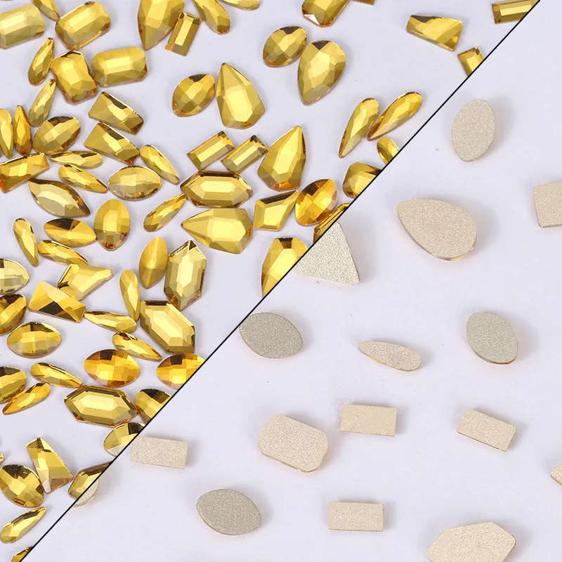 100/500pcs Golden Yellow Boutique Flat bottom nail art rhinestones Glass crystal 3D nail decoration Multiple shapes wholesale