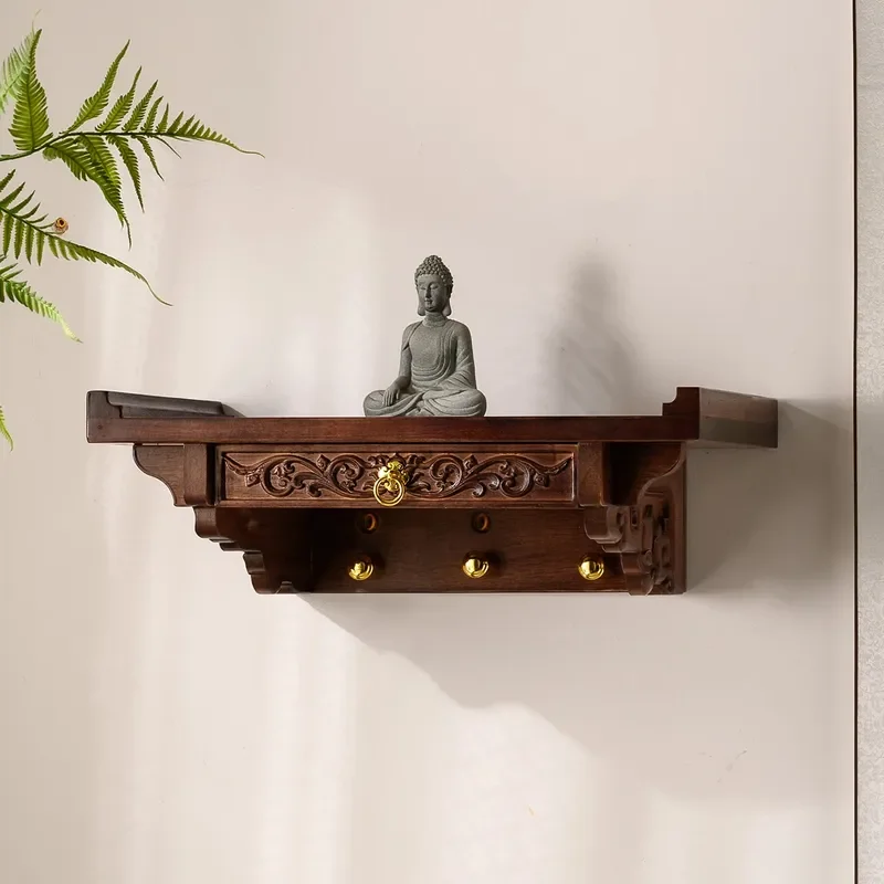 Solid Wood Wall Mounted Buddhist Shrine Shelf for Guanyin Statue Incense Burner Holder Divine Seat Storage Bracket Home Decor