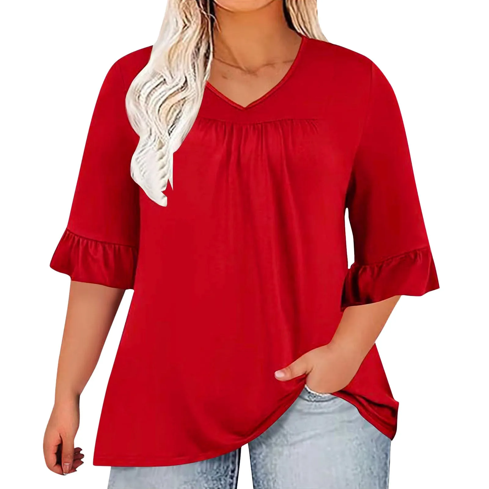 Summer Women Tunic Blouse Top Solid Color Oversize Loose Ruffle Hlaf Sleeve Pleated V Neck Casual T-Shirts Elegant Lady Clothing