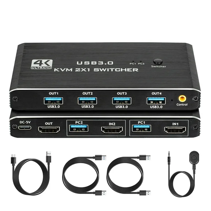 مفتاح USB 3.0 KVM 2x1 متوافق مع HDMI 4K@60 هرتز مع جهاز تحكم عن بعد لجهاز كمبيوترين مشاركة 1 شاشة/لوحة مفاتيح/ماوس/طابعة (4 أجهزة USB) #2