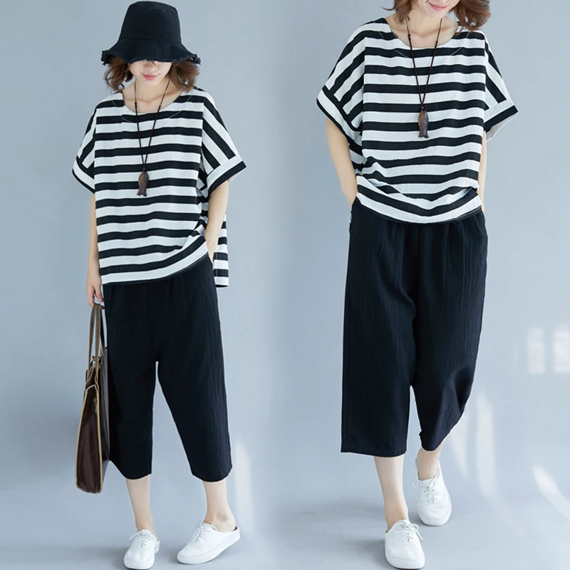 ファッショナブルなルーズコットンリネンバットウィングスリーブラウンドネックストライプTシャツとワイドレッグパンツのツーピースセットレディース服