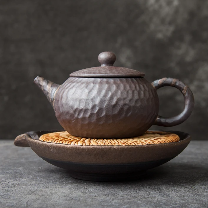 Handmade Rough Pottery Gilded Glazed Teapot Jingdezhen Ceramic Dry Soaking Plate, Wood Fired Zen Tea Tray, Water Storage With