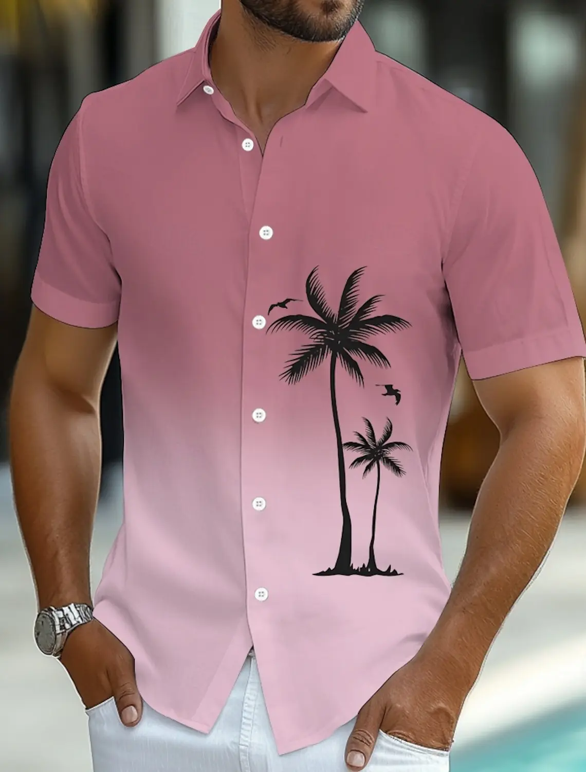 2025 Summer Men\'s Coconut Tree Gradient Color Tropical Plants Summer Hawaiian Shirt Button Up Shirt Short Sleeve Hawaiian shirts