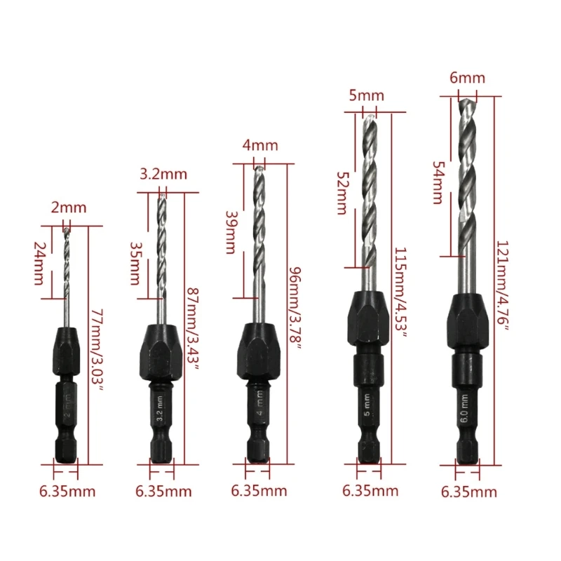 5x Upgraded Shank Twist Drill Bit Set Drill Bit Metric 2mm to 6mm Hexagon Shank for Wood Woodworking