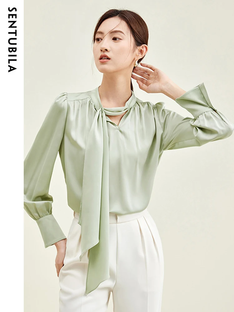 SENTUBILA Elegant Bow Tie Neck Long Sleeve Blouse Shirt for Women 2024 Office Lady Fashion Womens Lyocell Blend Tops and Blouse