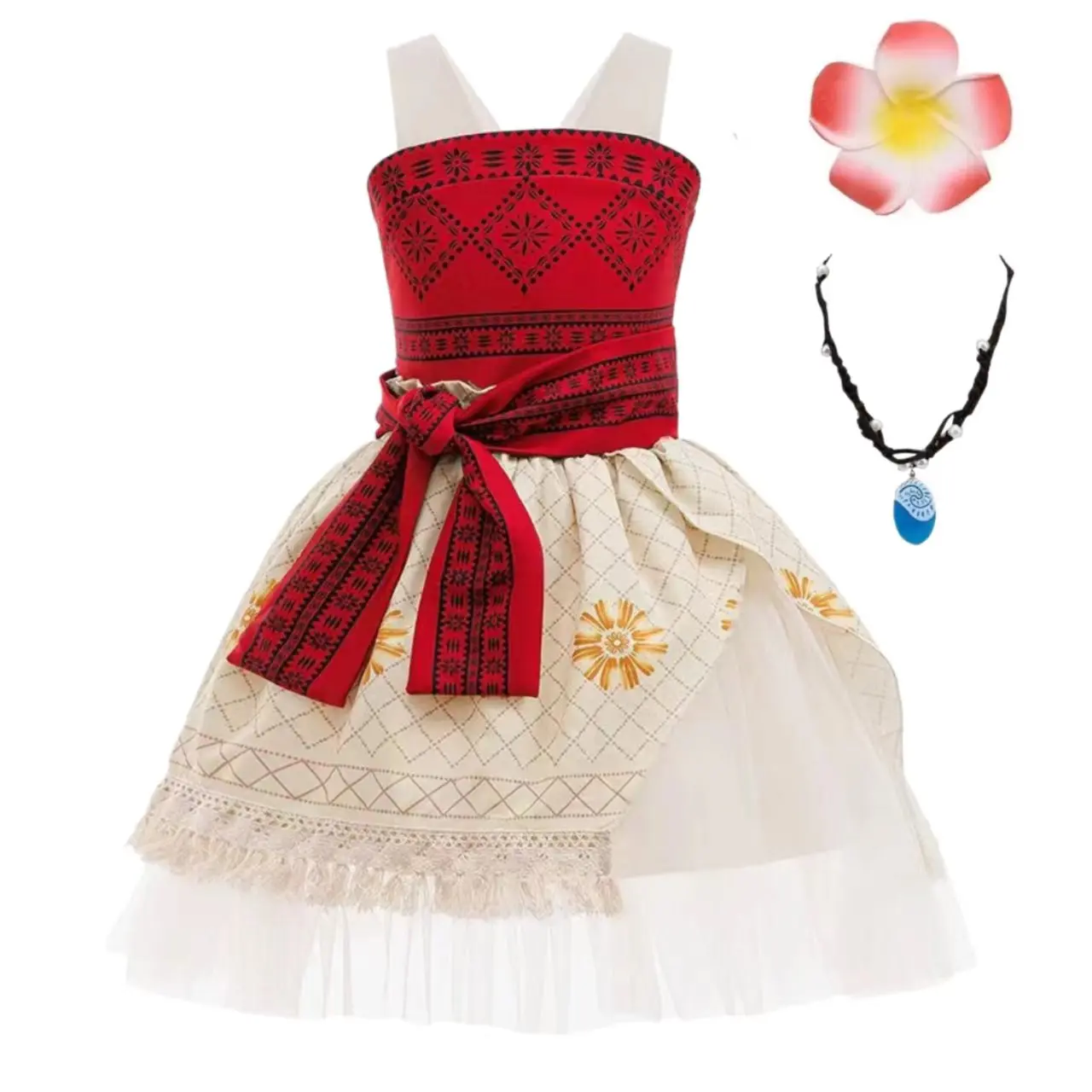 Polynesisches Prinzessinnen-Cosplay-Kleid für Mädchen von 3-10 Jahren, hawaiianisches Halloween-Party-Outfit, Freizeitkleid mit Quasten für den Urlaub am Meer
