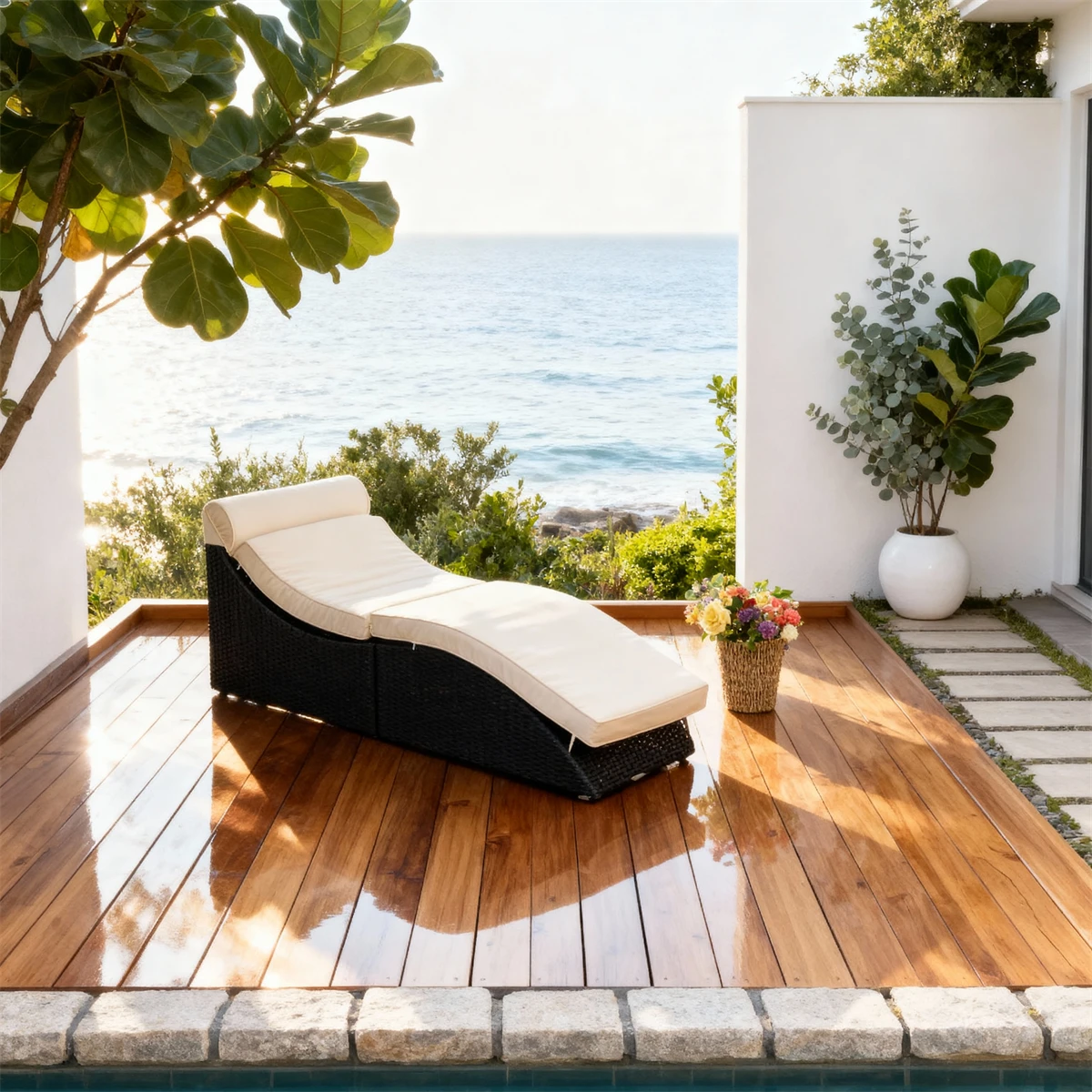 Space-Saving Foldable Rattan Chaise Lounge With Storage & Custom Size Patio Furniture For Garden Poolside Balcony Sunbathing