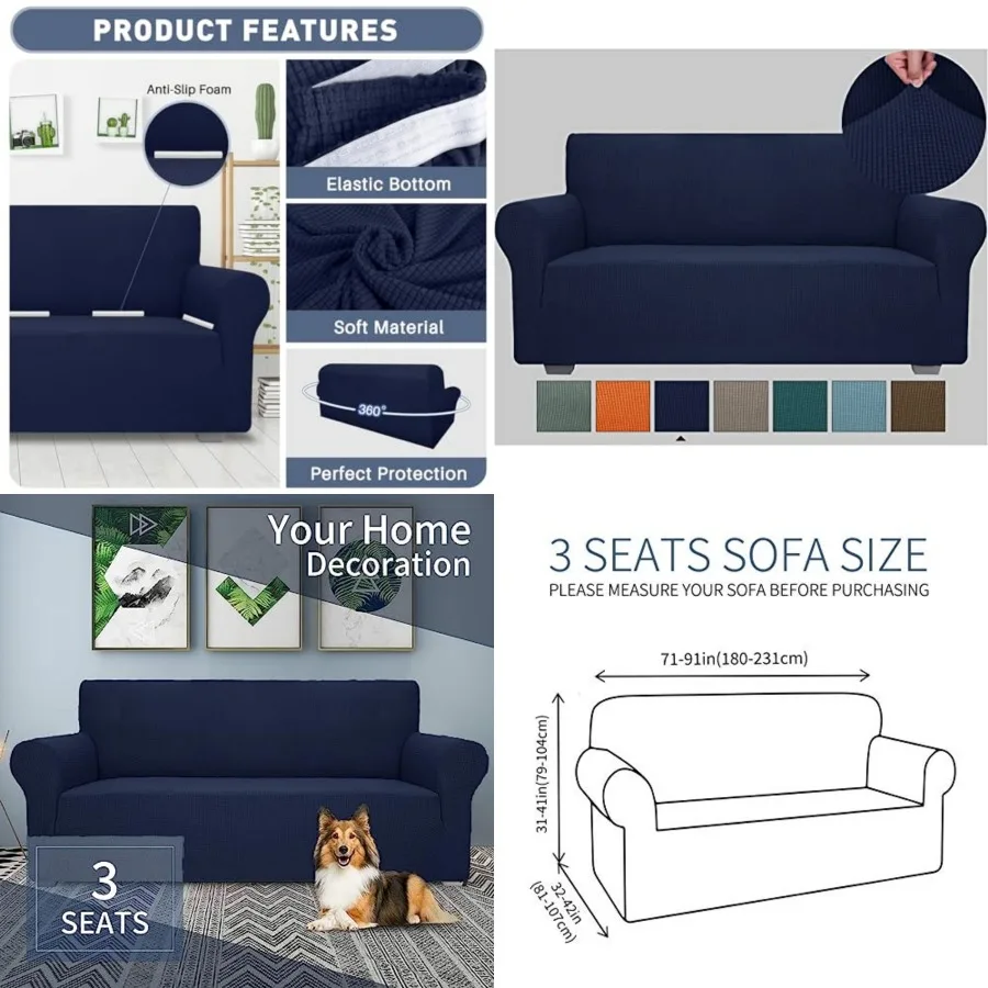 

High Stretch Couch Covers for 3 Cushion Couch 1-Piece Jacquard Elastic Slipcovers Anti Slip Cover with Elastic Bottom Furniture