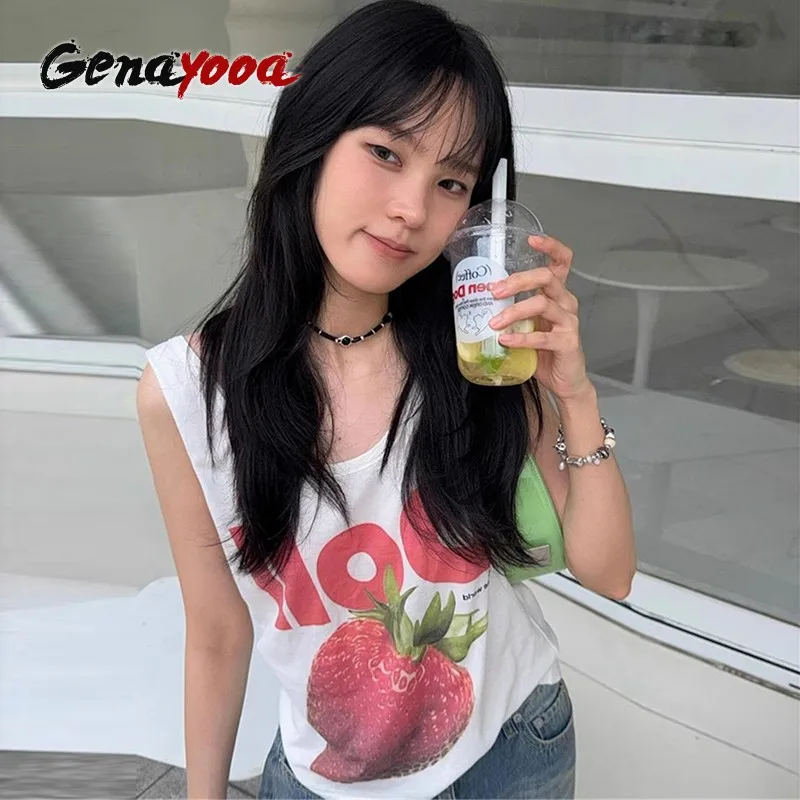 Genayooa Y2k Print Tank Tops Women Casual Loose Graphic Tops Vintage Halter Tops Streetwear Korean Style Summer Camis Tops 2000s