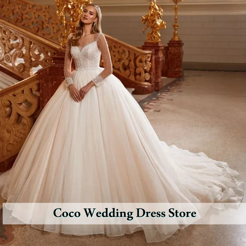 

Customized Luxury Princess Wedding Dresses Sheer Neck Long Sleeves Beads Bridal Bride Gown Sweep Train Vestidos De Noiva