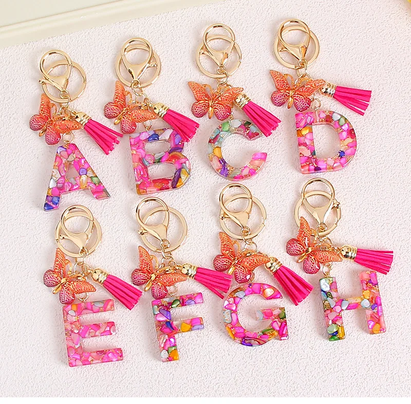 Exquisite A-Z 26 Letter Tassels Resin Butterfly Keychain, Pink Snowflake Sequin Filled Letter Keyring, Car Keychain Pendant