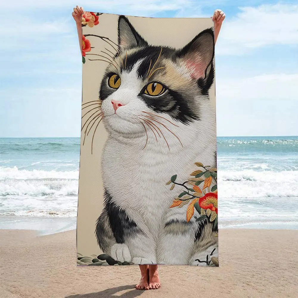 

Chinoiserie Persian Cat FlowerBeach Towel,Large Towel,Sports Gym,Pool,Swim Club,Holiday Birthday Gift,Drop Shipping,Wholesale