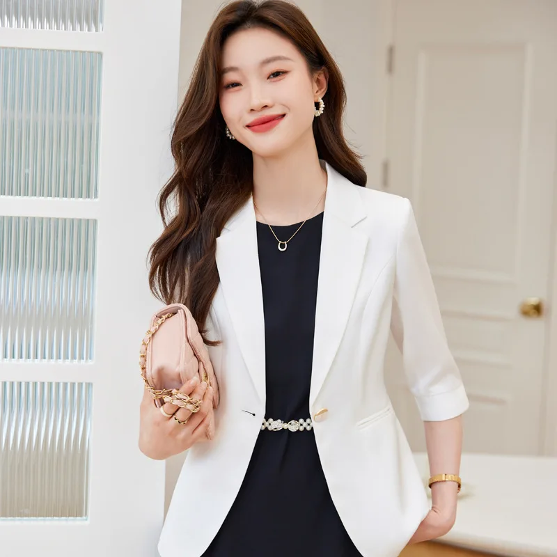 High quality blazer for women single breasted 3/4 sleeve notched collar autumn 2025 elegant fashion office clothes black white