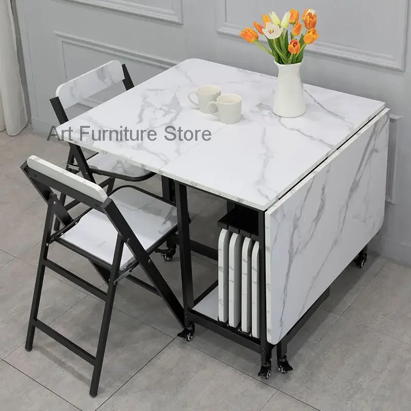 

Modern minimalist home folding movable free simple rectangular marble pattern folding dining table furniture muebles