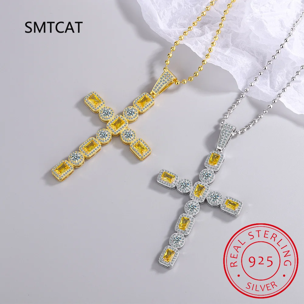 Emerald Cut Natural Yellow Citrine 925 Sterling Silver Cross Pendant Necklace for Woman Round Moissanite Gemstone Choker Jewelry