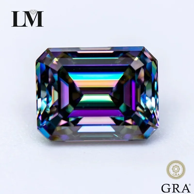 

Moissanite Stone Rainbow Green Color Emerald Cut Gemstone Lab Grown Diamond Charms Advanced Jewelry Making with GRA Certificate