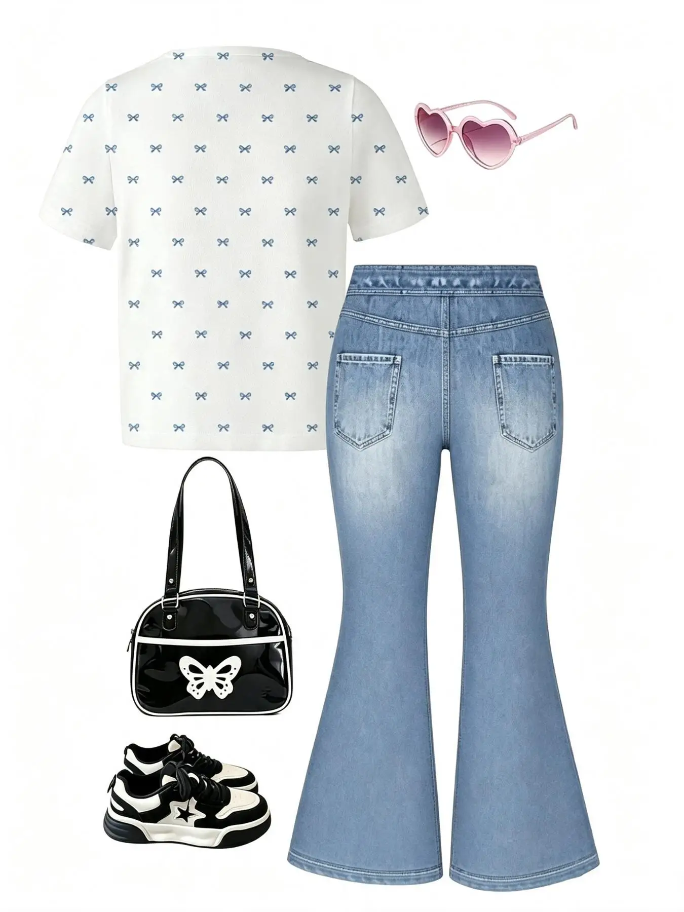 Girls' Summer and Autumn Fresh Bow Print Short Sleeve + Digital Print Flared Pants Set, White Round Neck T-Shirt + Blue Flared Pants Two-Piece Set Suitable for Children Over 3 Years Old