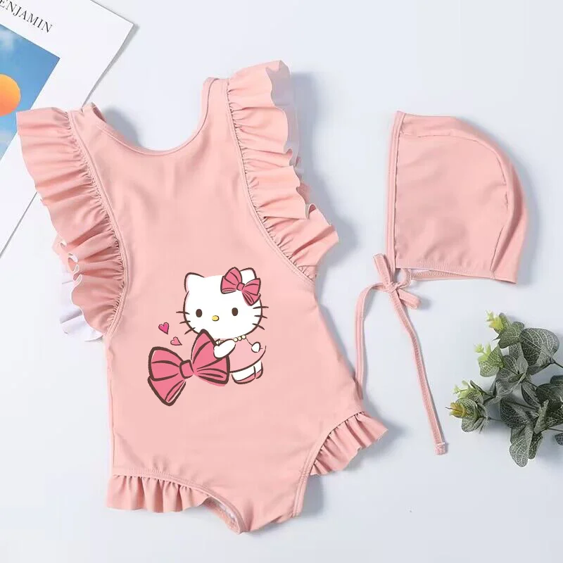 Hello Kitty-Maillot de bain d'été pour enfants, vêtements de plage pour enfants, bikini une pièce, robes de bain, fibres