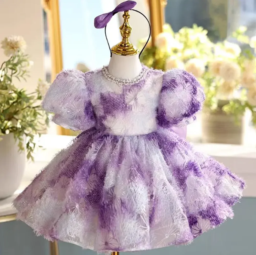 

Purple Flower Girl Dress Bow Beads Puffy Sleeve Princess Toddler Kids Wedding 1st Birthday Pageant Party Gown