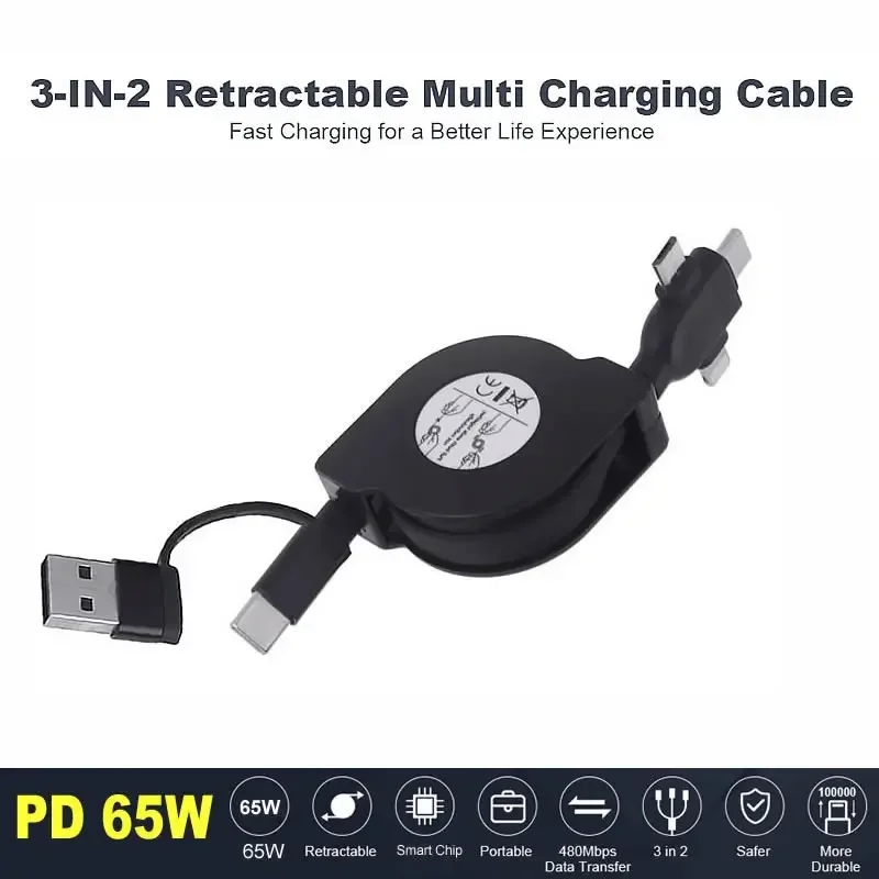 Kabel do ładowania notebooka 6 w 1 Wysuwana ładowarka Kabel do transmisji danych PD 60 W Szybkie ładowanie iPhone Samsung MacBook Type-C/Micro USB — zdjęcie 3