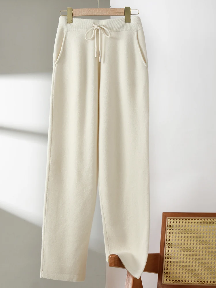 Autumn Winter Women High Waist Pencil Pants 100% Merino Wool Thick Soft Warm Basic Casual Trousers Cashmere Knitwear Pants