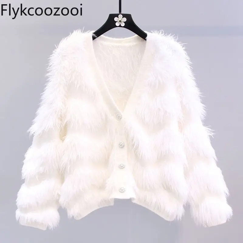 Soft Waxy Imitation Mink Fluffy Coat Female Autumn and Winter 20244 New Loose V-neck Knitted Cardigan Long Sleeve Top