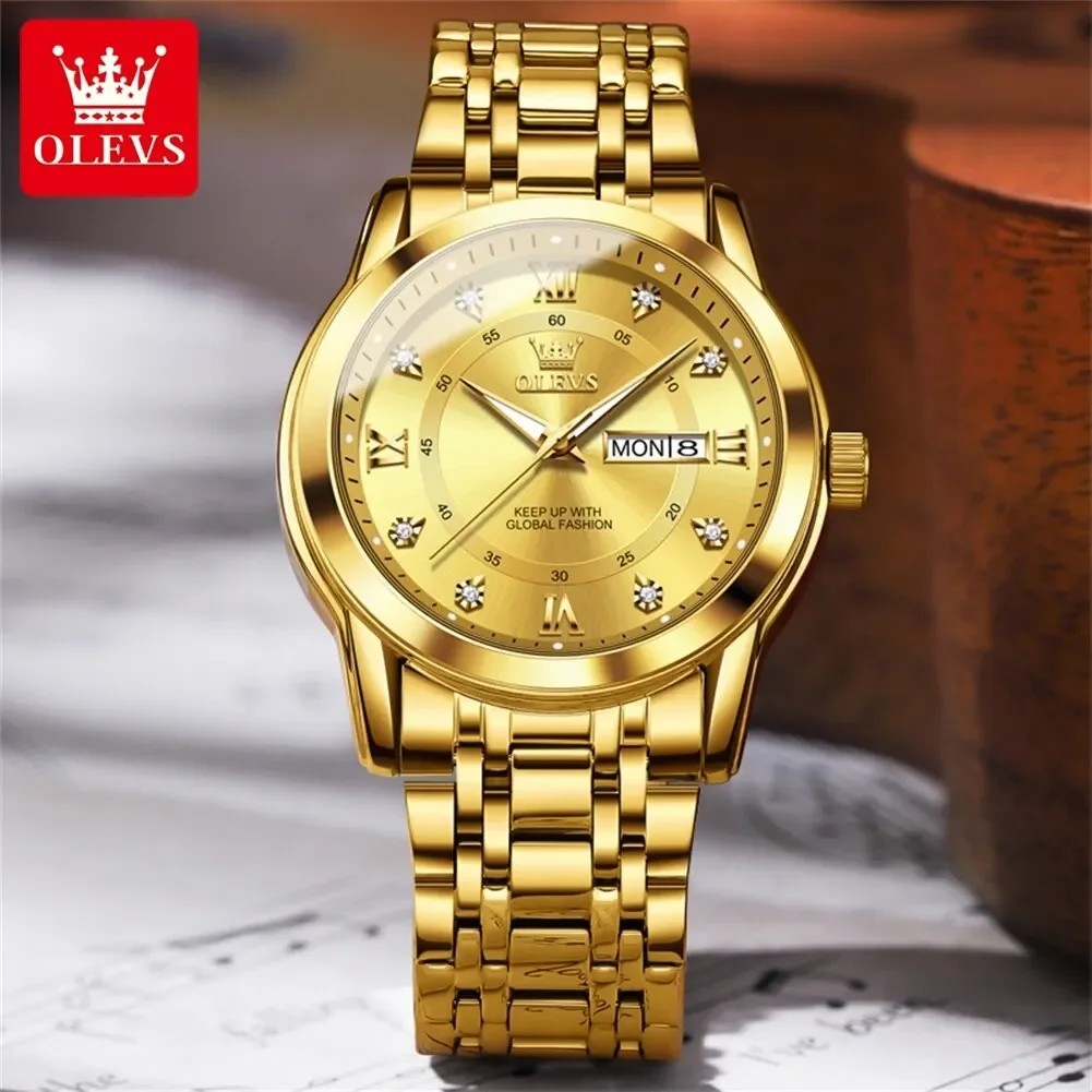 OLEVS 5513 Orologio al quarzo da uomo Diamanti di lusso Impermeabile Oro luminoso Acciaio inossidabile Settimana Data Orologio da polso da uomo Reloj Hombre