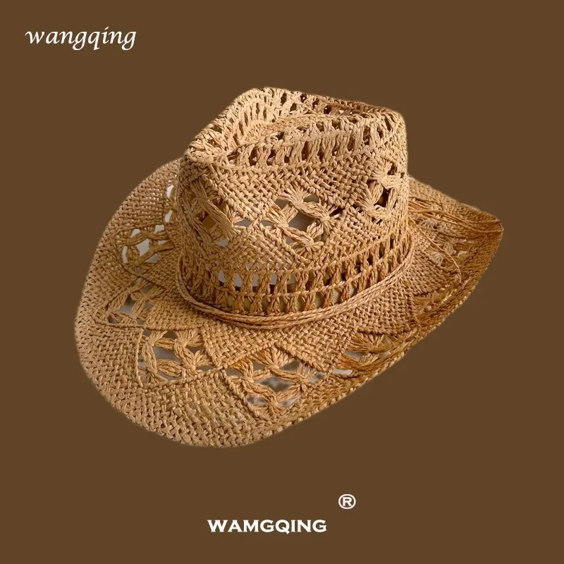 Straw Hat Hand-Woven Raffi Straw Hat Hollow Breathable Hat Sun Shade Western Cowboy Hat