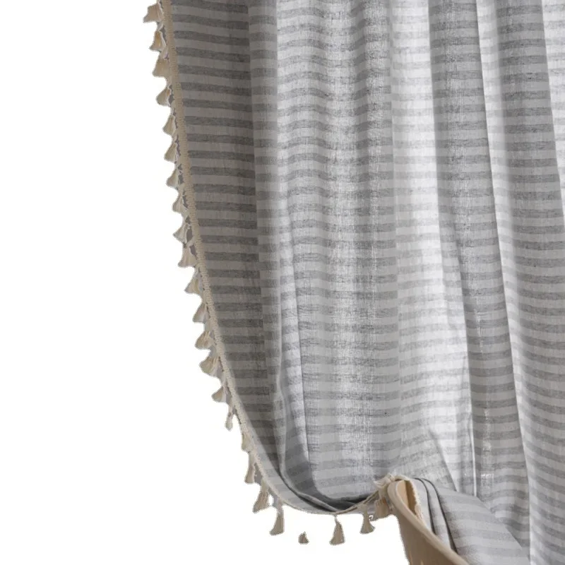 pp1016Cotton and linen striped curtain fabric style gray and white thin strip bedroom rod floating curtain