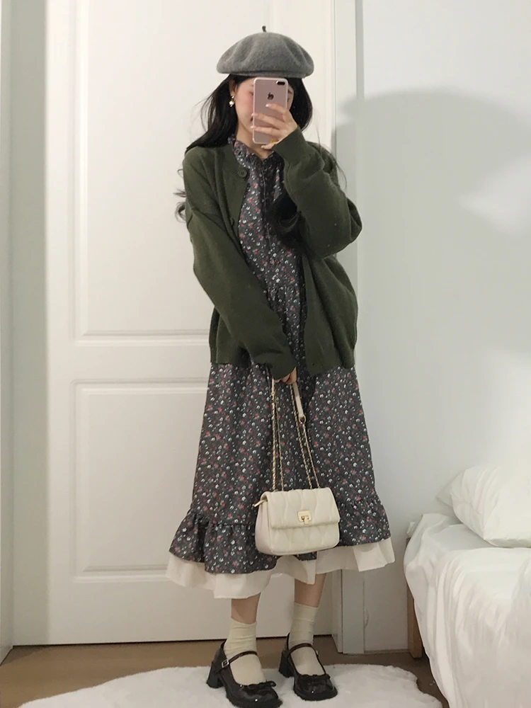 

Ladies Floral Print Loose Knitted Cardigan Sweater Dress Two-Piece Set Sweet Style Autumn New Arrival Vintage Floral Dress