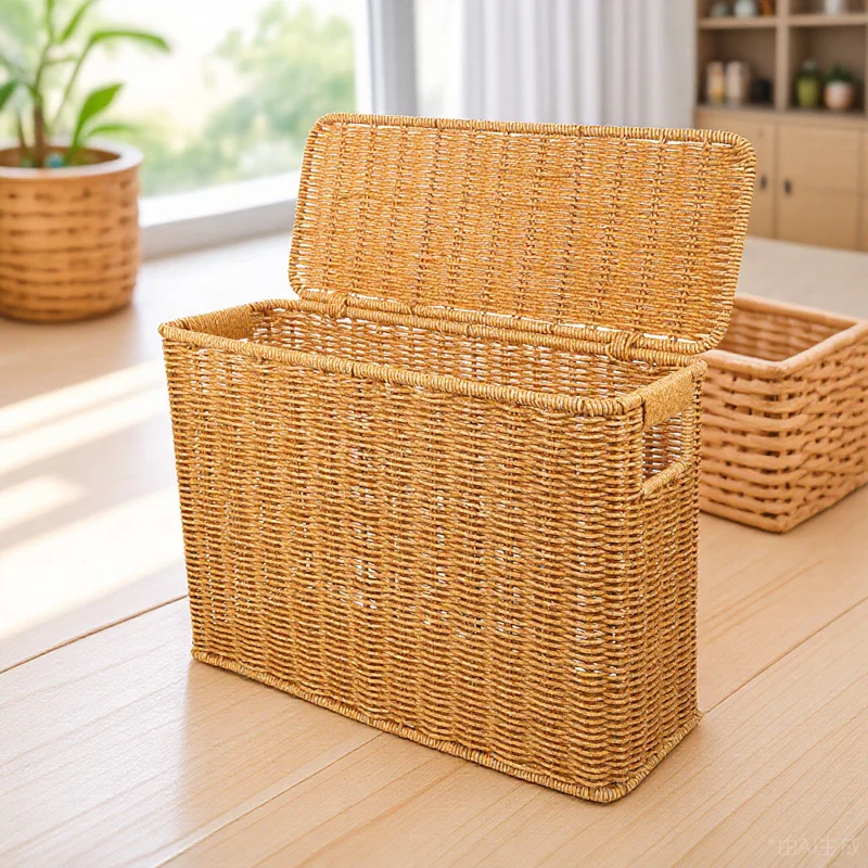 

Woven Sundries Basket with Lid Storage Container for Kitchen Laundry Rattan Wicker Shelf Bin Organizing Tabletop