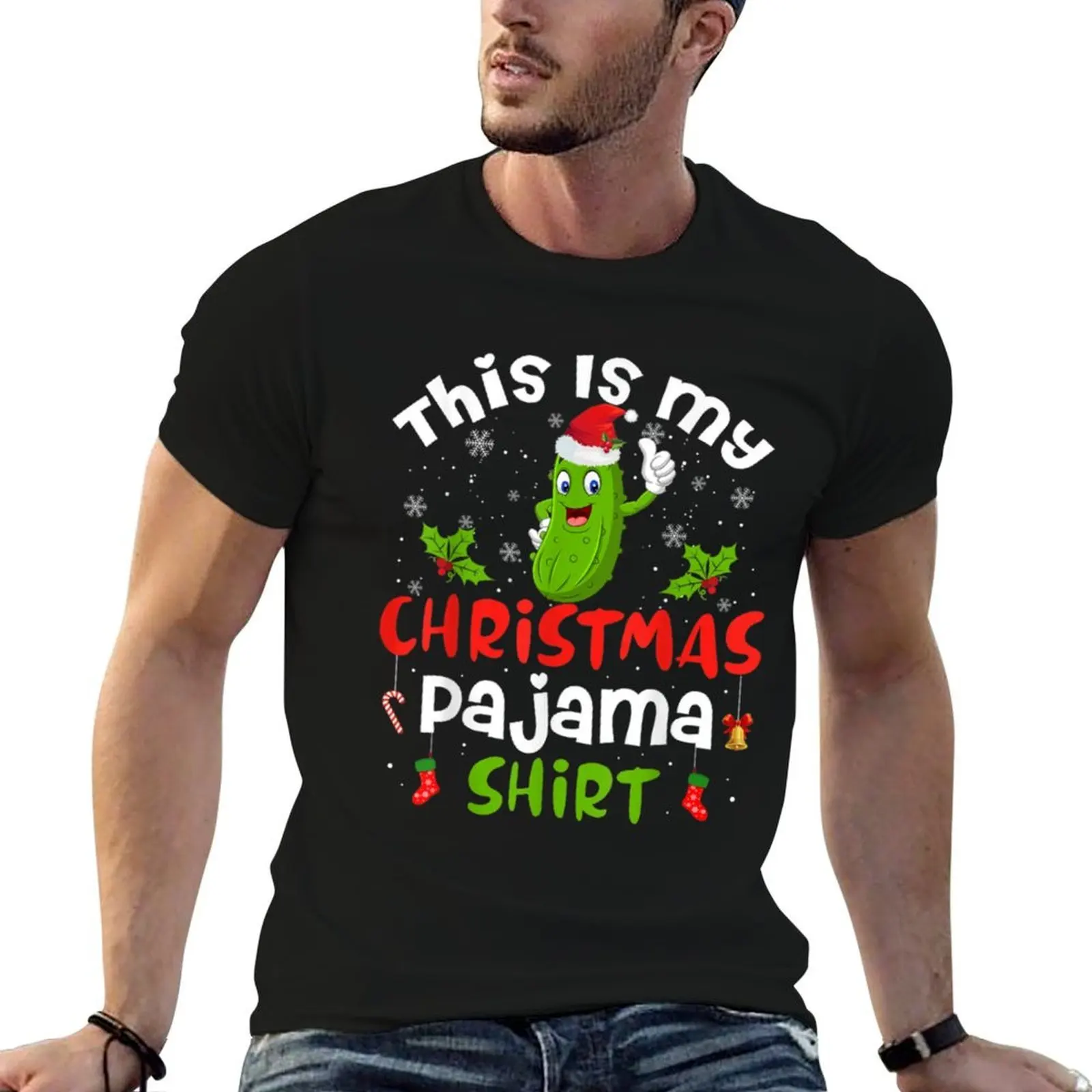 

This Is My Christmas Pajama Shirt Pickle Cucumber Santa Hat T-Shirt t shirts for man graphic vintage T-Shirt