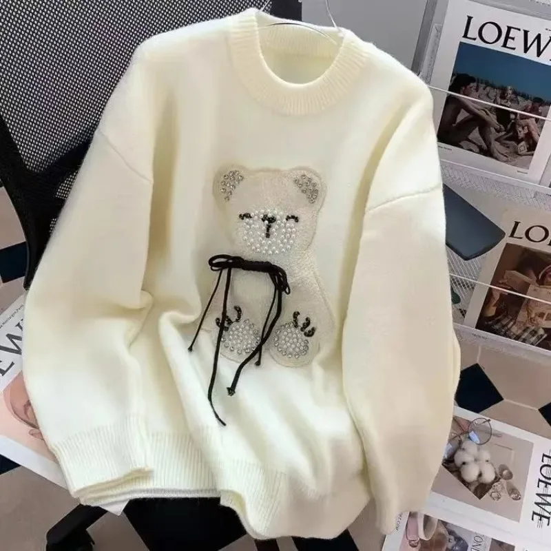 Cartoon Bear Bow Cute Knitted Sweater Women Pullover Long Sleeve O Neck High Street Korean Fashion Jumpers Autumn Winter Y2k Top