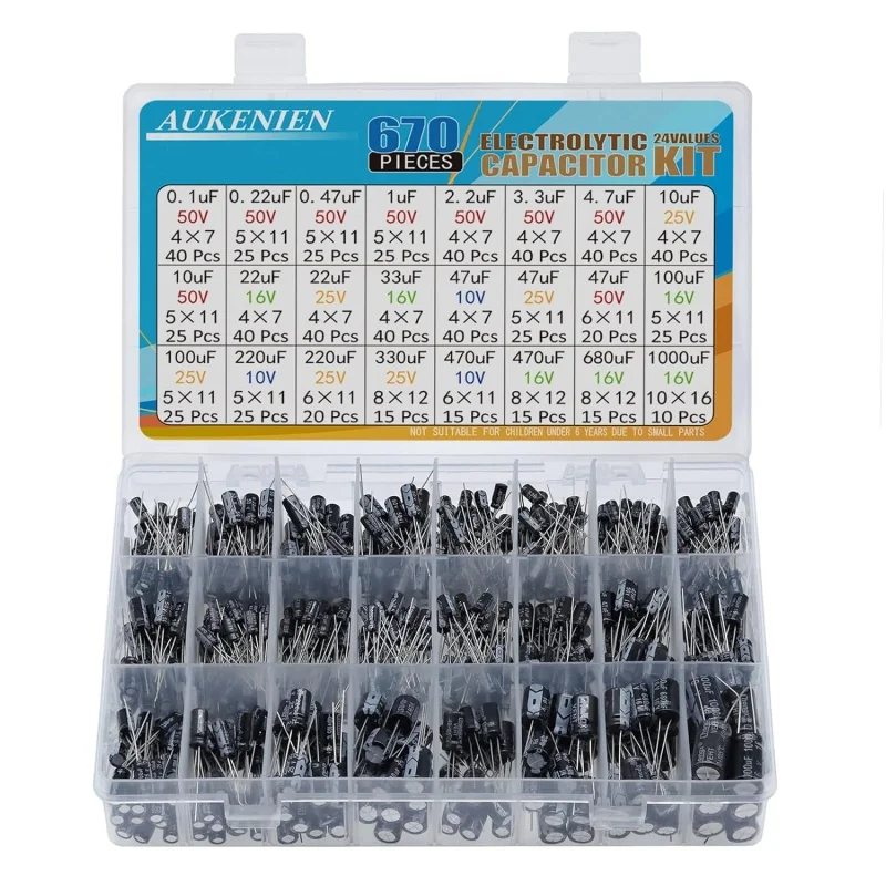 

Набор электролитических конденсаторов AUKENIEN, 24 номинала, 670 шт., алюминиевые конденсаторы от 0.1 мкФ до 1000 мкФ, 10В, 16В, 25В, 50В