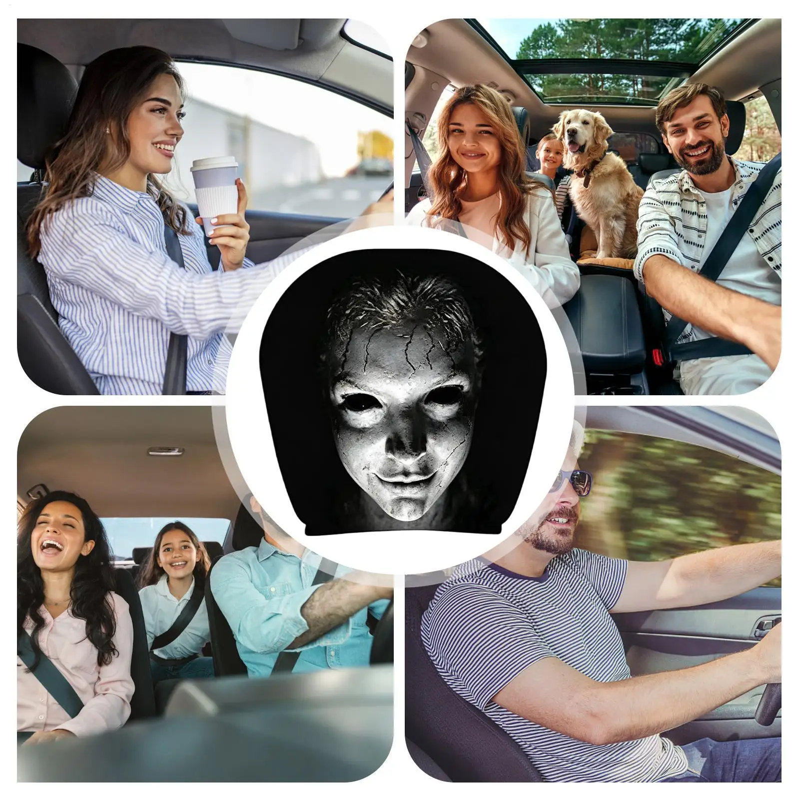 Headrest Covers For Car Ghost Face Breathable Full-Coverage Protector 2-Piece Full Face Car Headrest Cover For Automotive SUV RV