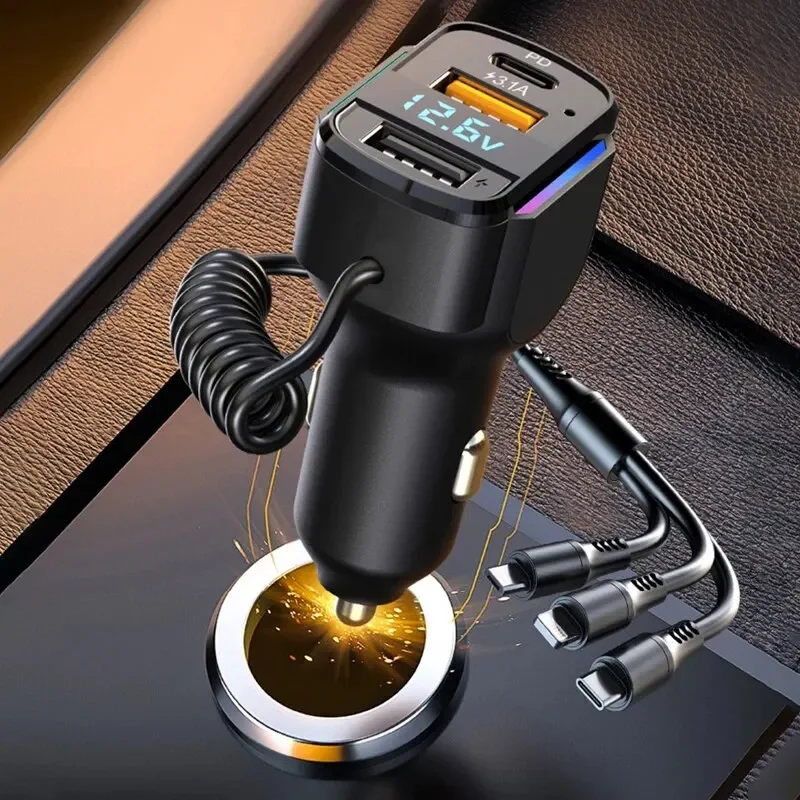 1pc 3-in-1 Spring 65W Quick-charge Car Charger With PD Dual USB Ports Multifunctional Car Charging Head With Cable DC12V-24V