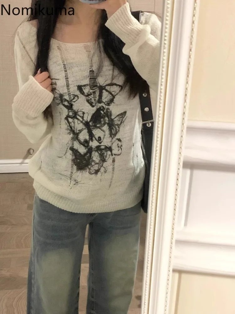 

Butterfly Print Pullovers Women's Clothing Long Sleeve O-neck Loose Jumper Hollow Out Knitted Thin Sweater Y2k Tops Sueter Mujer