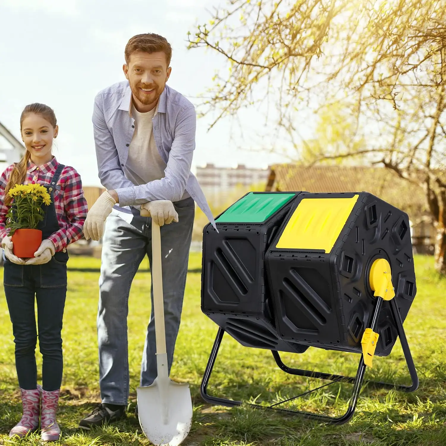 Dual Chamber 37 Gallon Compost Tumbler All-Season Outdoor BPA Free Large Composter Bin w/ 2 Sliding Doors and Solid, Customized