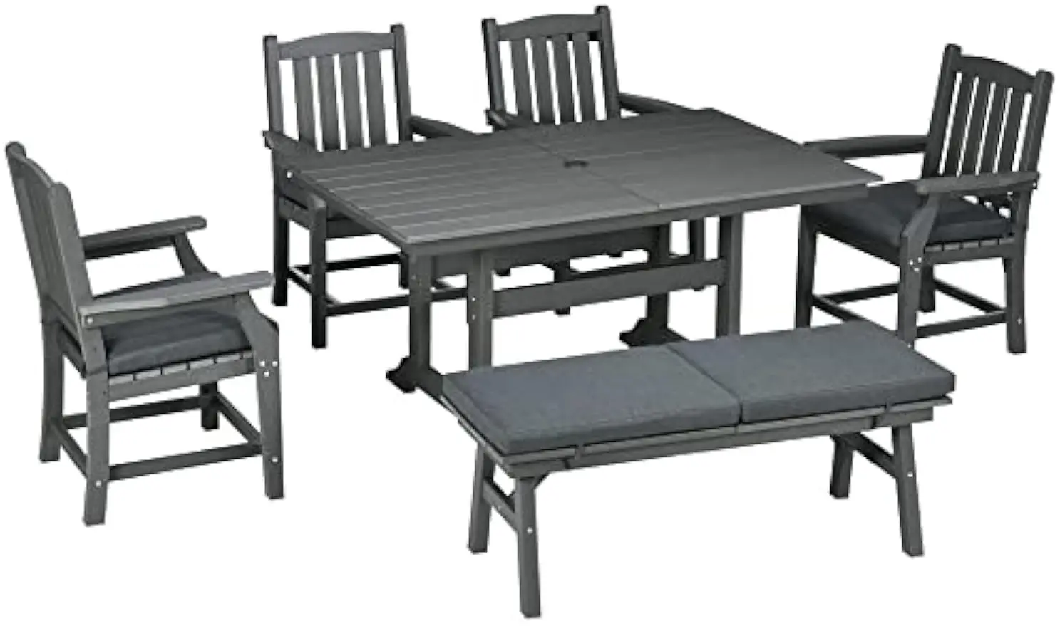 6 Pieces Patio Dining Set 6 Seater Outdoor Table and Chairs Conversation Furniture Armrests Loveseat Bench Dark Gray